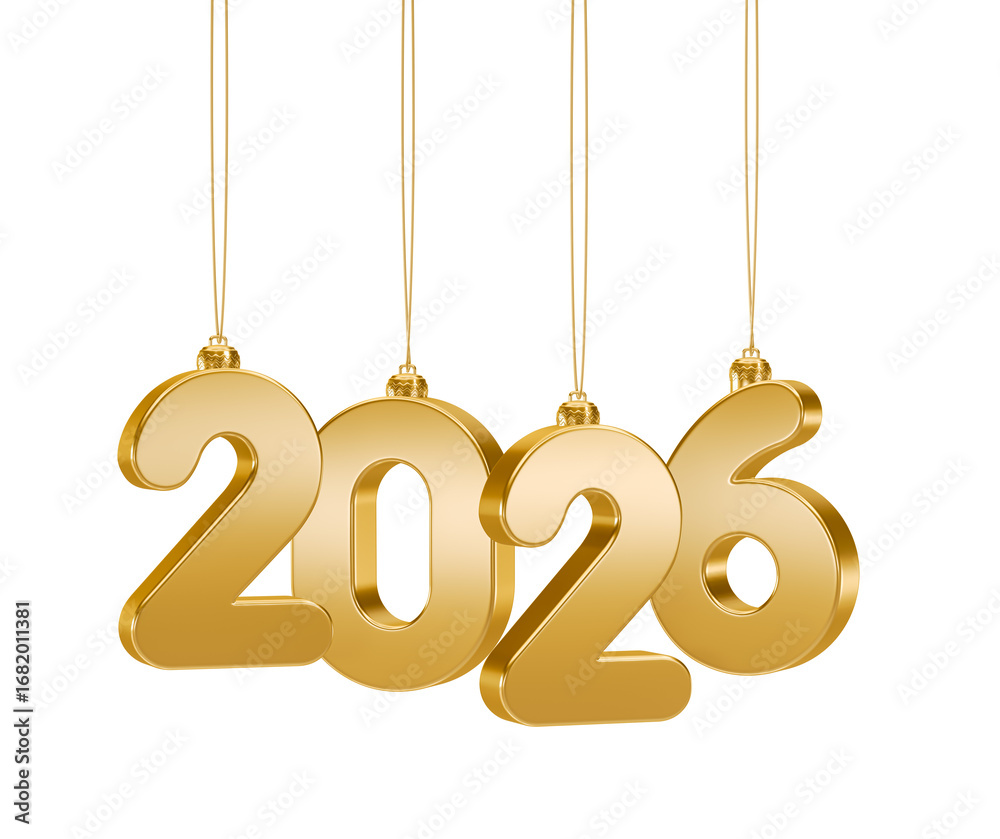 Wall mural golden hanging 2026 numbers in 3d render with transparent background