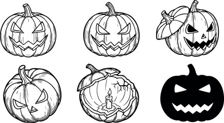 Obraz premium Halloween pumpkin jack o lantern faces spooky autumn vector set 