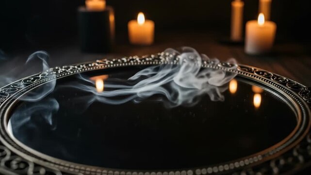 Mystical white smoke drifting over an antique scrying mirror representing magical divination ritual against dark candlelit background