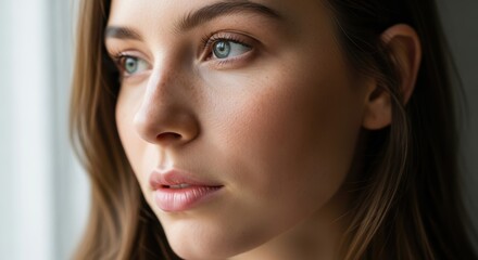 Fototapeta premium Young caucasian female with freckles and long hair in natural light close-up