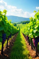 Sun-Drenched Vineyard Ripe Grapes Hanging Heavy on Lush Hillside Vines Ready for Harvest