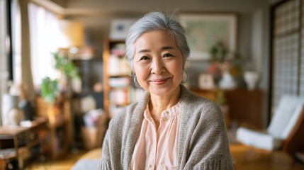 Elderly Japanese woman smiles warmly at home during a cozy afternoon while sitting in a well-decorated living room.
