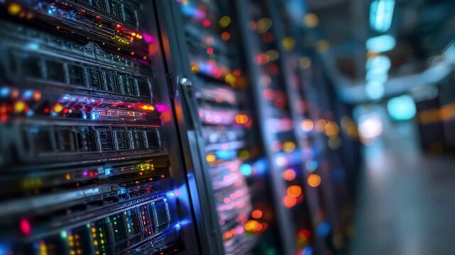 Medium shot of a secure server rack with blinking lights dedicated to anonymized environmental data room setup blurred around it.