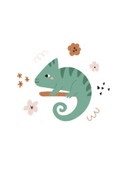 Cute Green Chameleon on a Branch with Abstract Flowers and Shapes