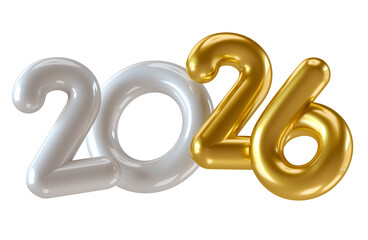 Glossy White and Gold 2026 Numbers in 3D render with transparent background