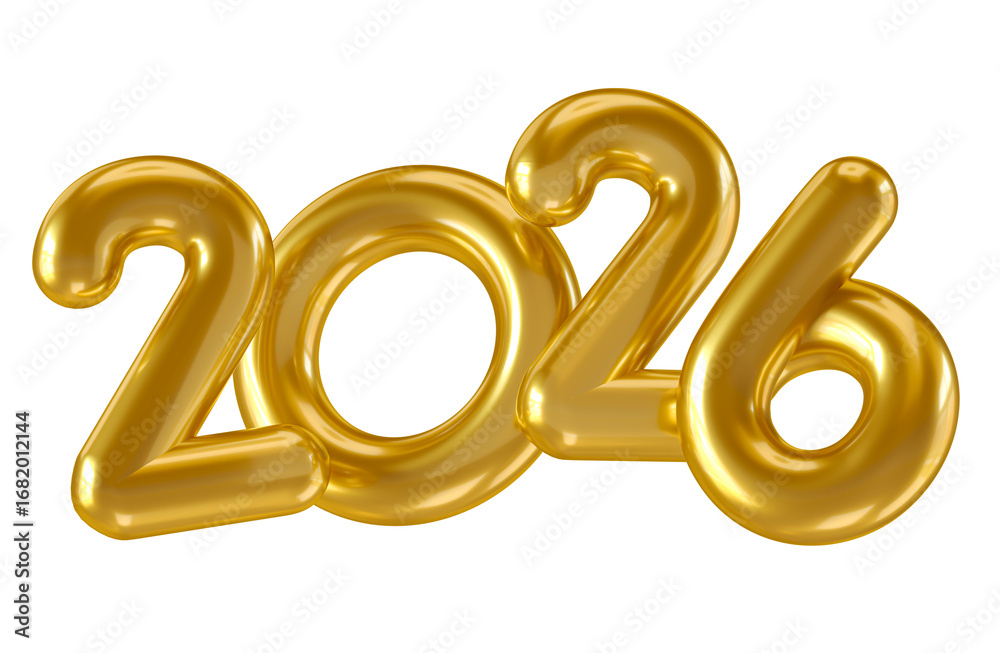 Wall mural glossy golden 2026 numbers in 3d render with transparent background
