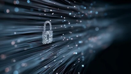 Medium shot capturing a focused padlock symbol made of light particles with outoffocus data lines flowing around it illustrating data security. - Powered by Adobe