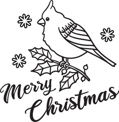 Merry Christmas. Cardinal on holly branch. line art