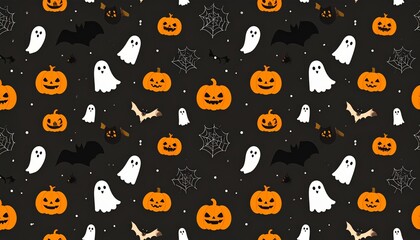Cartoon Halloween festive pattern with pumpkins, bats, ghosts, and spiderwebs. Cute seamless background illustration perfect for wallpapers, packaging, and autumn designs.