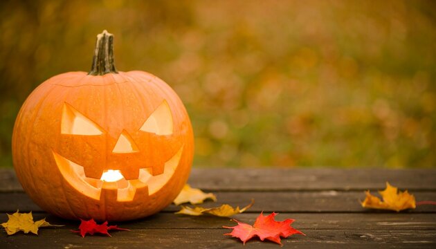 Halloween Pumpkin on a Bench Outdoors