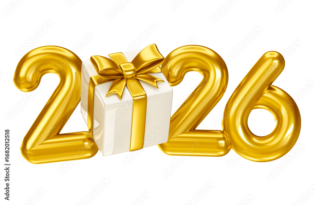 Wall mural golden 2026 numbers with gift box in 3d render with transparent background