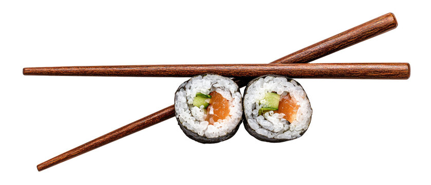 Two sushi rolls with chopsticks - Powered by Adobe