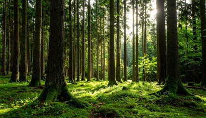 Fototapeta premium Sunlight streams through a dense forest, illuminating the mossy forest floor beneath tall, towering trees.