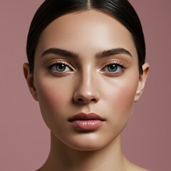 Fototapeta premium Close-Up Portrait of Young Woman with Clear Skin and Natural Makeup