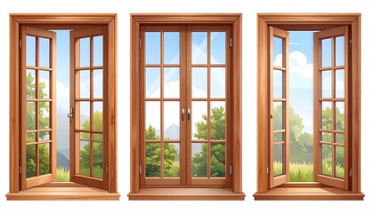 Fototapeta premium Three illustrations of wooden double-hung windows showcasing a picturesque landscape view.