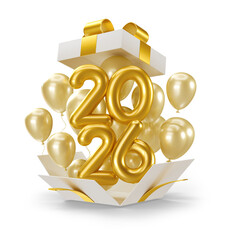 Golden 2026 Balloons with Gift Box in 3D render with transparent background