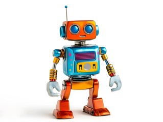 Fototapeta premium Retro Metallic Toy Robot: Colorful Vintage Collectible for Kids' Imagination and Playtime