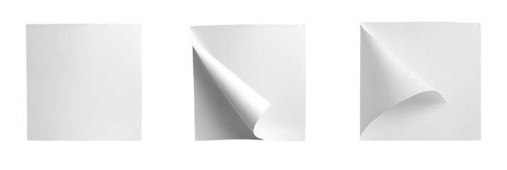 Three square sheets of white paper, one flat, two with a corner folded