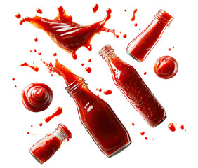 Ketchup and tomato sauce bottles and splashes