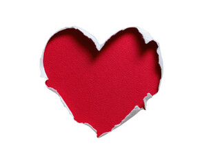 A vibrant red heart shape, punched out of white paper, creating a ragged edge