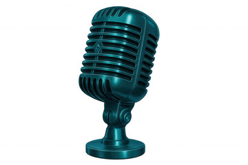 Classic microphone stands ready for a broadcast, its metallic turquoise finish gleaming against a transparent backdrop