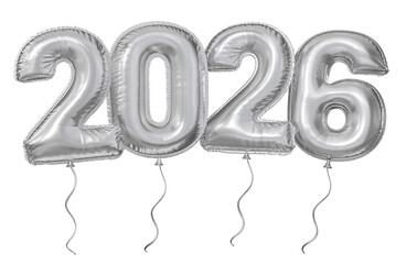 Silver 2026 Balloons with Strings in 3D render with transparent background
