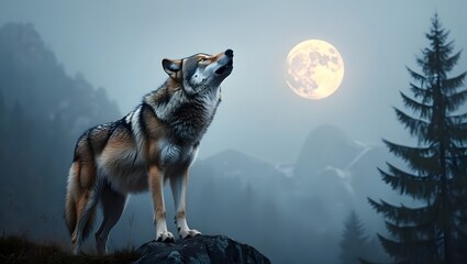 Naklejka premium Grey Wolf Howling at the Moon in a Misty Mountain Landscape