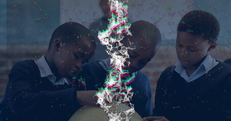 Digital network effect pulsing revealing students spinning globe and tracing map for geography - Powered by Adobe