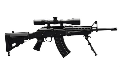 A black rifle with a scope and bipod is presented against a plain white background.