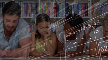 Instructor guiding children via tablet tapping in library education animating panels and charts