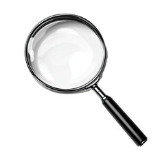A magnifying glass, chrome-colored frame, black handle, and clear lens