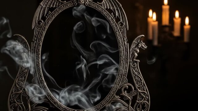 Ornate gothic mirror with gargoyles and ethereal smoke representing  dark magic ceremony