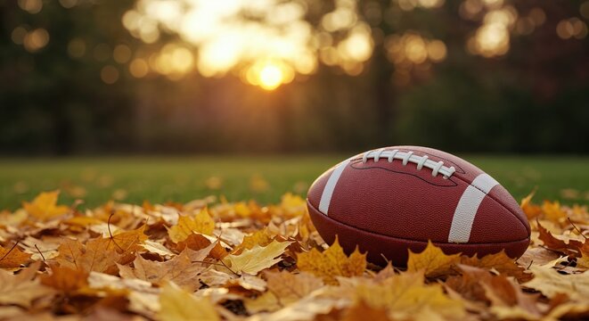 A brown American football with white laces rests on a vibrant carpet of golden autumn maple leaves with a blurred green field and warm sunset bokeh in the background.