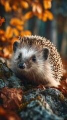 Fototapeta premium Hedgehog exploring a rocky area surrounded by autumn leaves in a forest setting during the golden hour
