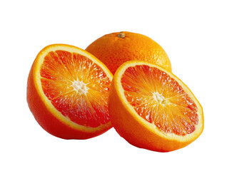 Two halves and one whole blood orange.  Close-up,  vibrant fruit slices
