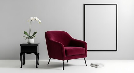 Crimson Velvet Armchair Poised in a Serene, Minimalist Interior Mockup.