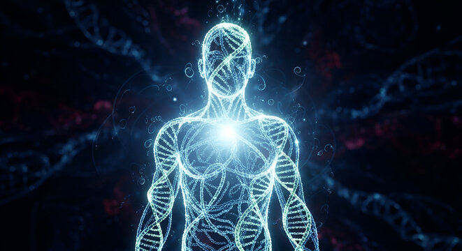 Human body interwoven with DNA strands, depicting advanced medical research and genetic science