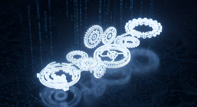 Illuminated gears and binary code create a captivating technological tableau of interconnectedness
