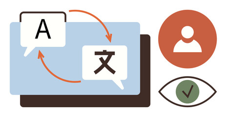 Speech bubbles with language letters, translation arrows, user icon, eye with checkmark. Ideal for linguistics, communication, AI, accessibility education inclusivity technology. Simple flat
