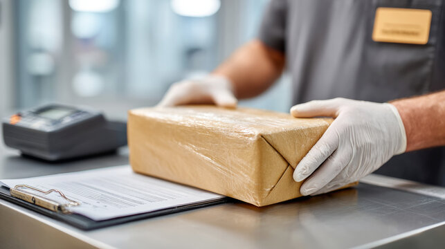 Customs inspection scene with gloved hand handling package in inspection zone