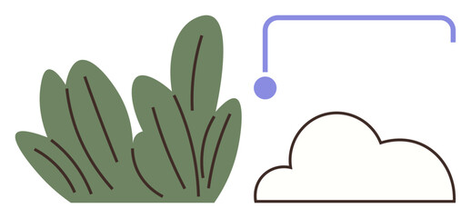 Green leafy plant beside an outlined puffy cloud, connected by a curved purple line. Ideal for connectivity, ecology, sustainability, growth, weather, simplicity minimal design. Simple flat metaphor