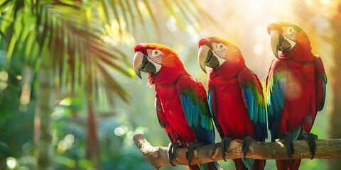 Three Vibrant Parrots with Red, Blue, and Green Feathers Sitting on Branch in Sunlit Jungle