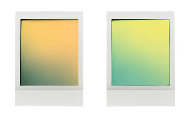 Two square, pastel-toned instant photos.  One is a gradient of orange to muted green, the other a gradient of yellow to teal, both framed in white