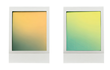 Two square, pastel-toned instant photos.  One is a gradient of orange to muted green, the other a gradient of yellow to teal, both framed in white