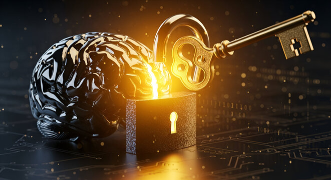 Unlocking human potential: brain, key and security concept symbolizing intelligence