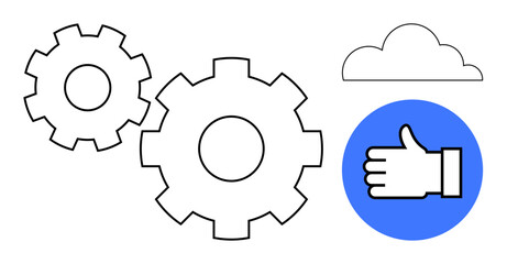 Interlocking gears representing collaboration and efficiency, approval hand denoting quality and teamwork, cloud icon symbolizing technology. Ideal for strategy, workflow, software, teamwork