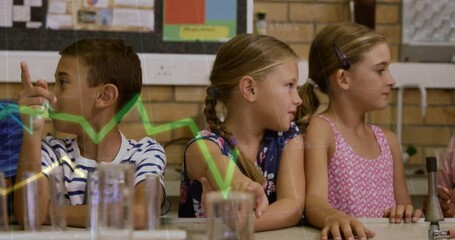 Elementary students pointing over test tubes and generating glowing waveform while sharing lab data - Powered by Adobe