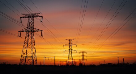 Power Lines Silhouetted Against a Vibrant Sunset Sky. The image depicts the silhouette of power lines and pylons against the warm hues of a sunset sky.