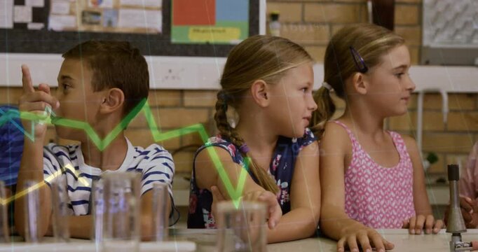 Elementary students pointing over test tubes and generating glowing waveform while sharing lab data - Powered by Adobe