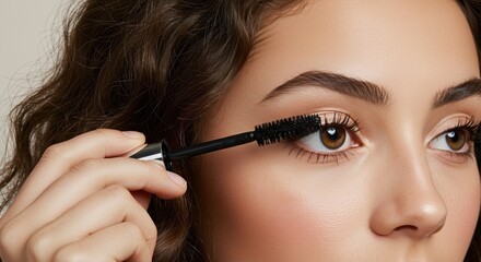 Obraz premium Close-up of Woman Applying Mascara to Eyelashes